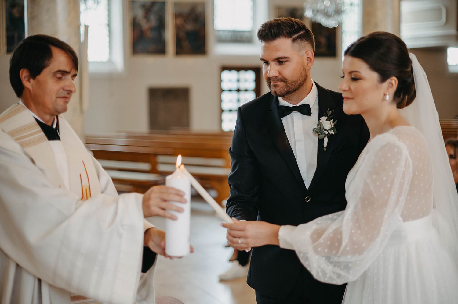 A series of intimate wedding ceremony moments captured in a church setting with soft natural lighting and elegant decor.
