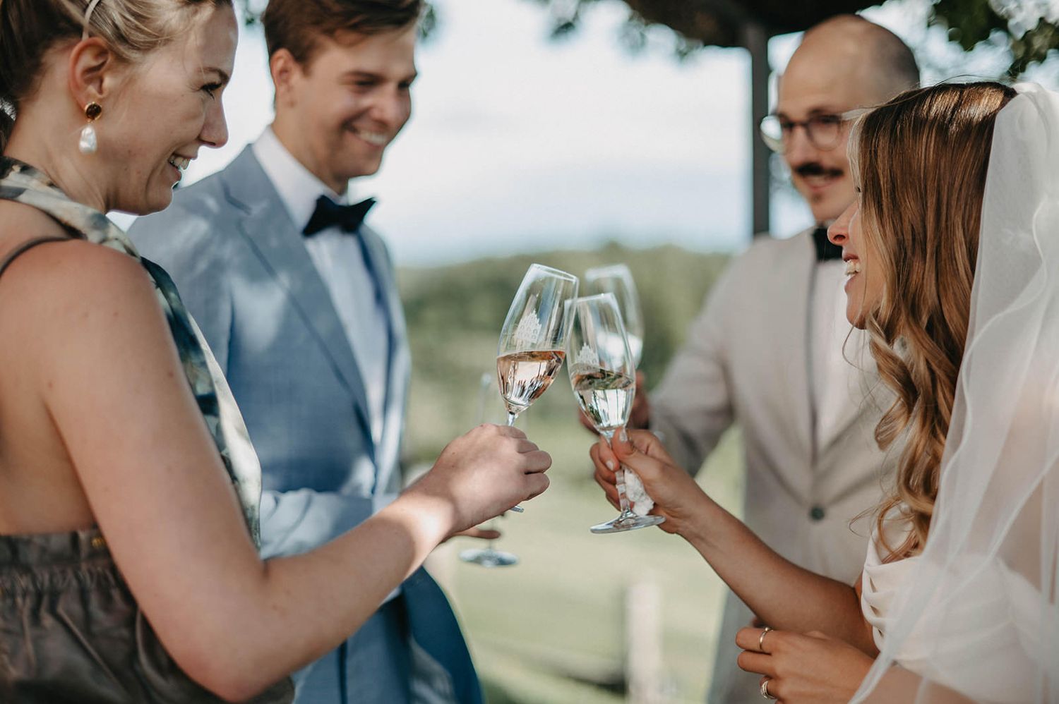 Elegant wedding party toasts with champagne glasses in a scenic outdoor setting during a celebration.