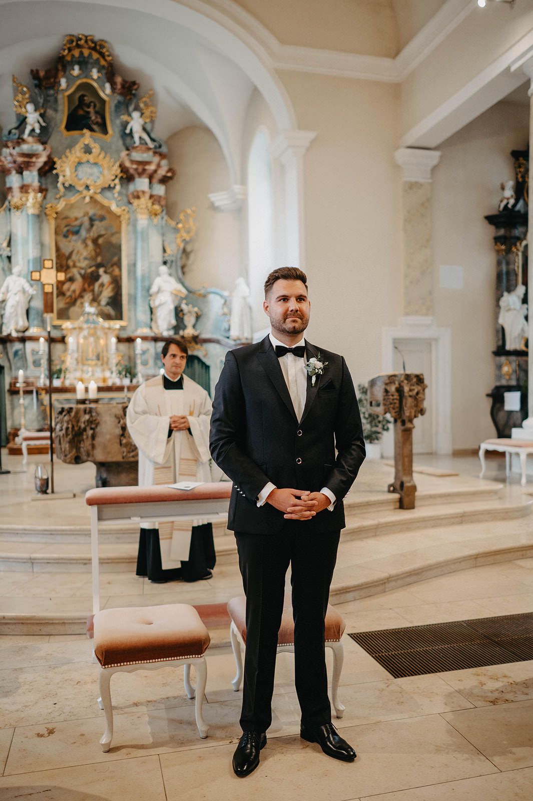 A series of three photos showing a person in formal attire standing inside an ornate church or cathedral.