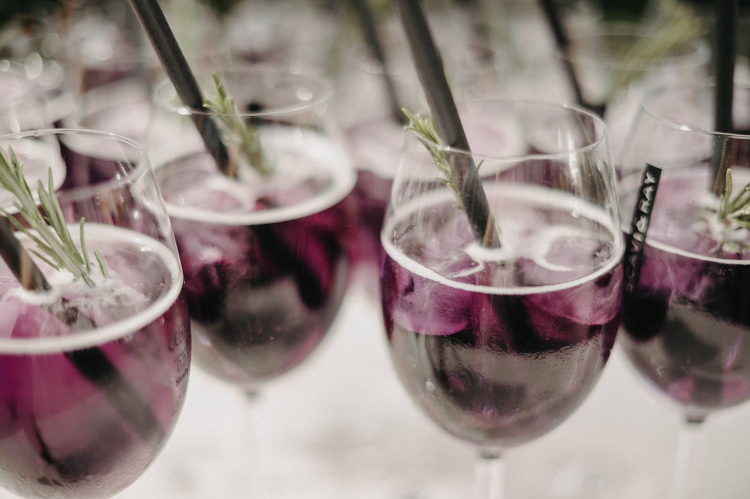 Purple cocktails garnished with rosemary sprigs served in stemmed glasses at an elegant event.
