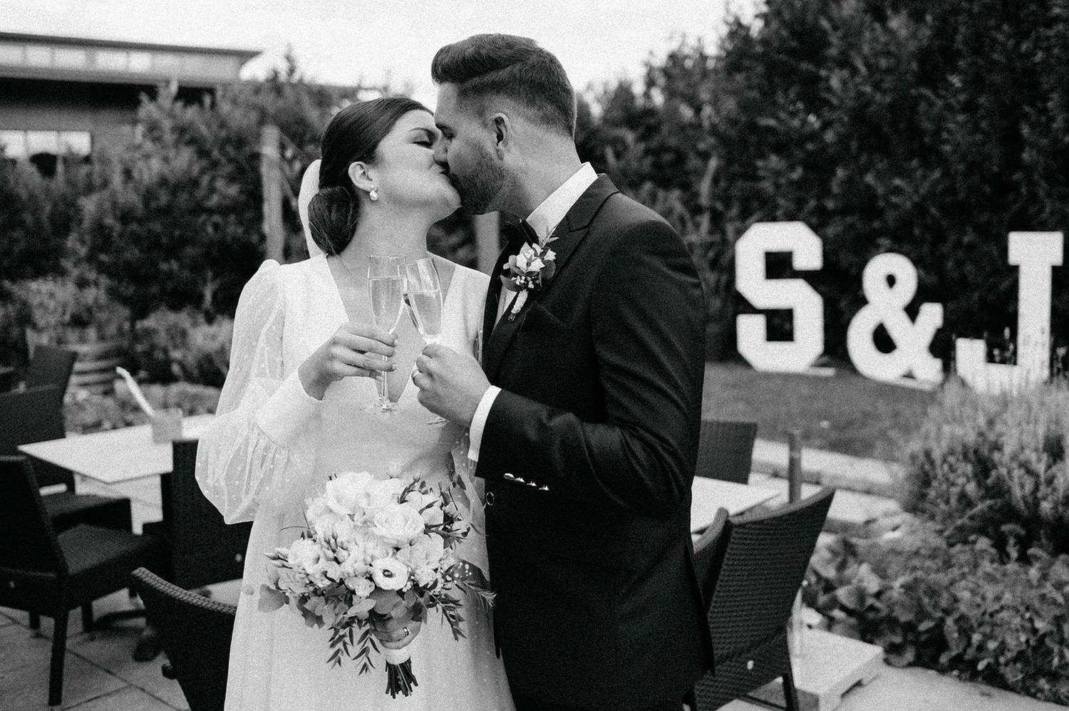A romantic wedding photo collage showing intimate moments between newlyweds in an outdoor garden setting.