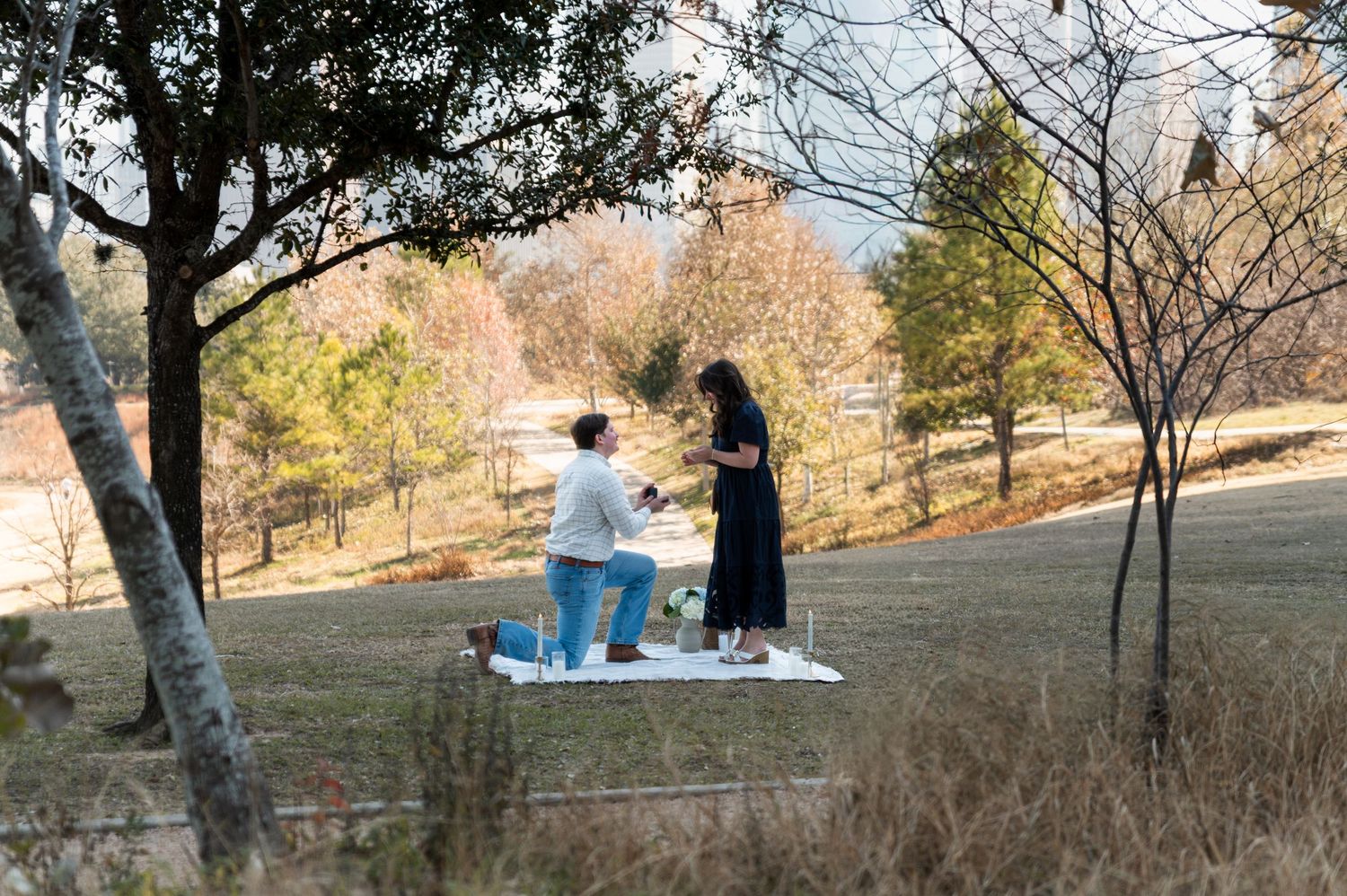 Man proposes to woman on white blanket in scenic outdoor park during golden hour.