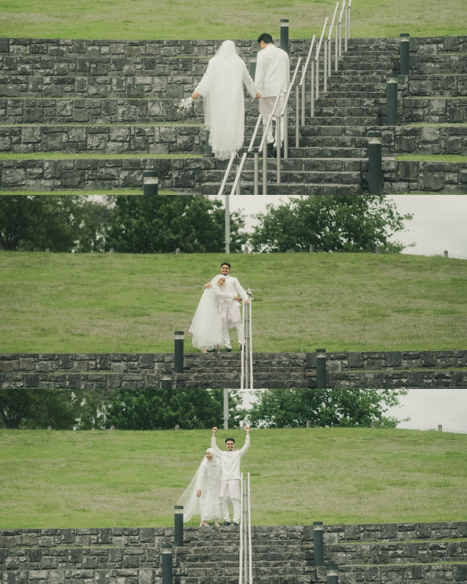 A couple in wedding attire walks up stone stairs, poses at the railing, and celebrates on a green lawn.