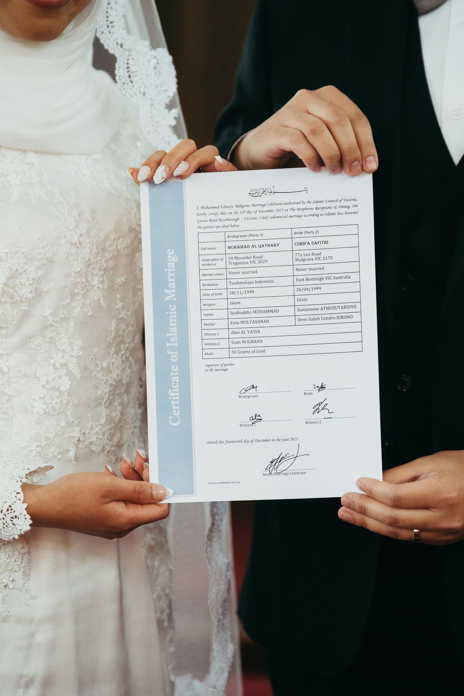 Couple holding Islamic marriage certificate at wedding ceremony.