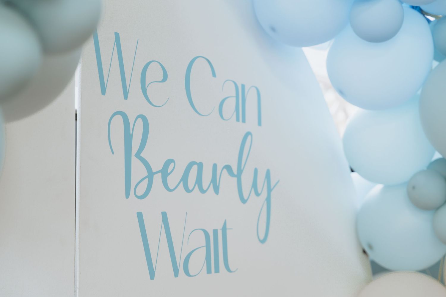 Light blue balloon garland with text decorations adorns a white wall for a baby shower or celebration event.