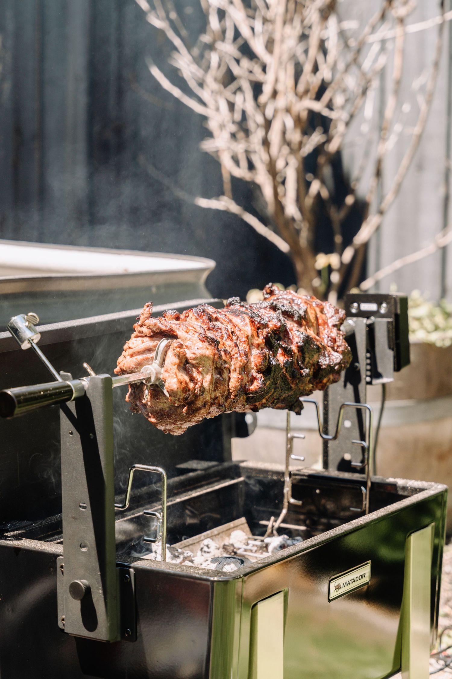 Juicy meat roasting on a rotisserie spit over hot coals, showing multiple stages of cooking progress.