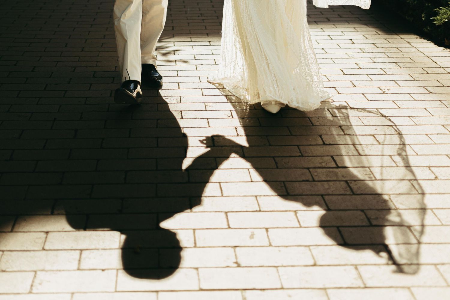 Shadows of a wedding couple holding hands cast on a sunlit brick pathway.