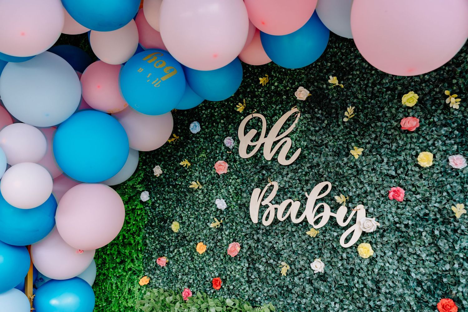 Oh baby text sign with pink and blue balloon arch against green hedge wall for gender reveal party decoration.