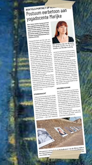 Ode aan Marijke Ludwig. Krantenartikel in het Brabants Centrum over de foto-expositie Faces van Art-Icon waar Marijke's foto te zien was.