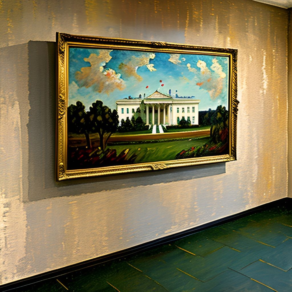 Oil painting of the White House in an ornate gold frame hanging on a hallway wall.