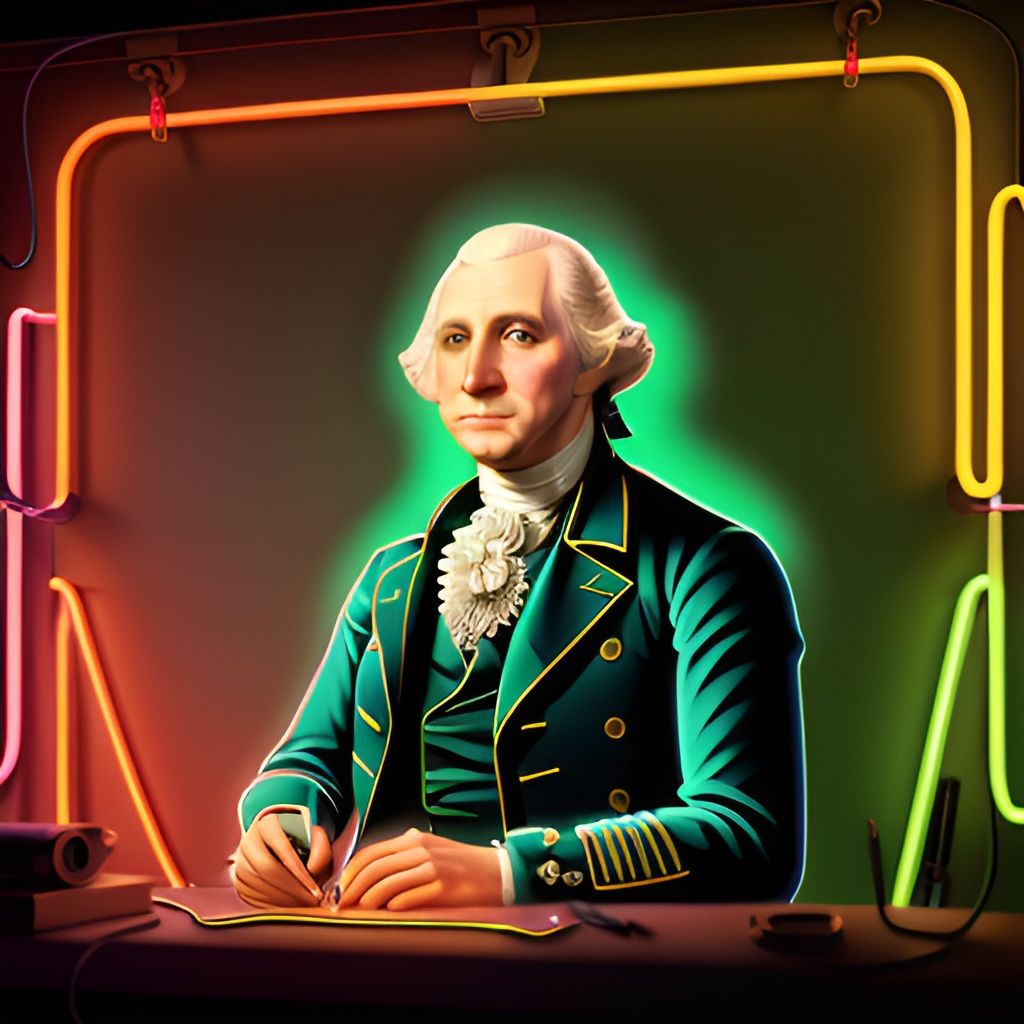 Celebrate USA 250 Years 1776-2026 with the first  President Portrait in glowing neon lights, a modern artistic expression.