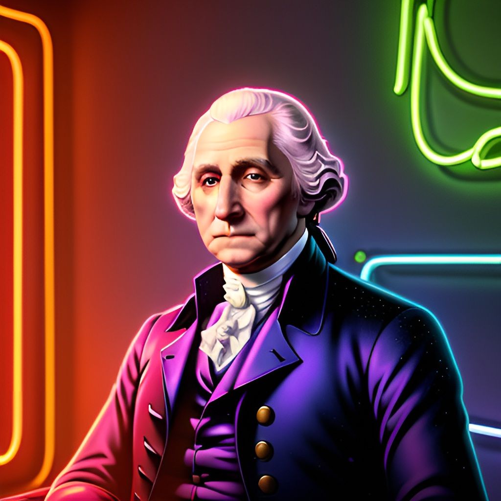George Washington portrait with colorful neon lighting in purple, pink, and orange tones against a dark background.
