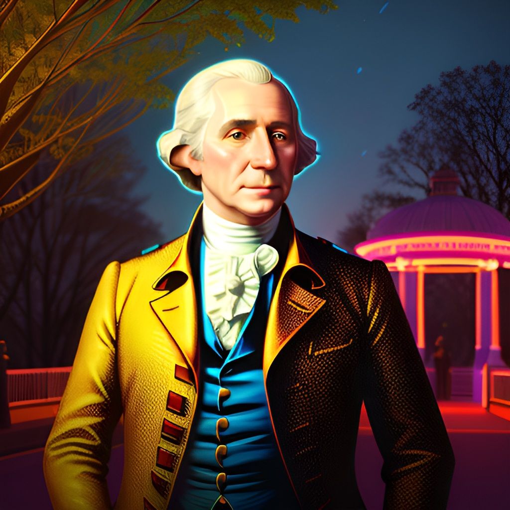 Celebrate USA 250 Years 1776-2026 with the first  President Portrait in glowing neon lights, a modern artistic expression.