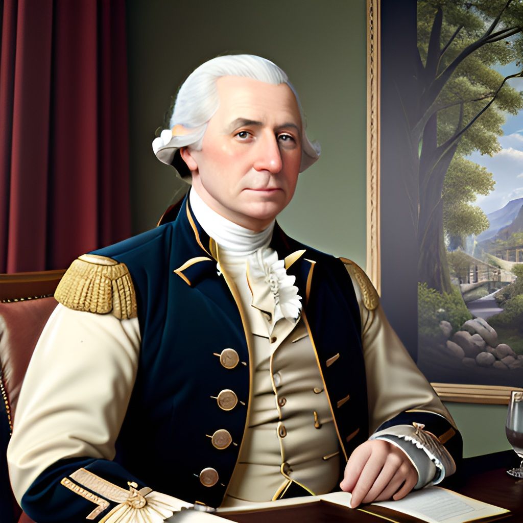 Portrait of a man in 18th century military uniform with gold epaulettes seated at a desk.