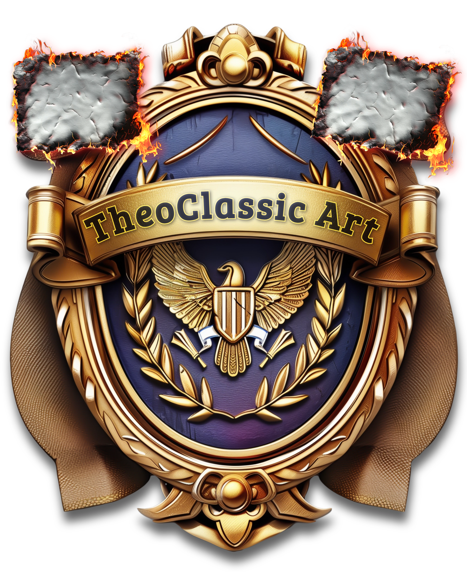 Gold emblem crest with eagle, laurel wreath, and TheoClassic Art banner, featuring flaming torches on top.