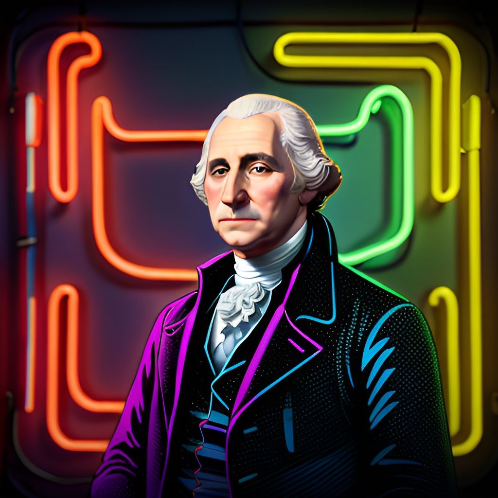 Celebrate USA 250 Years 1776-2026 with the first  President Portrait in glowing neon lights, a modern artistic expression.