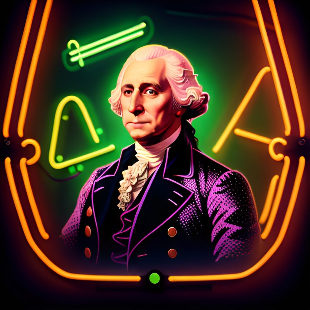 Celebrate USA 250 Years 1776-2026 with the first  President Portrait in glowing neon lights, a modern artistic expression.