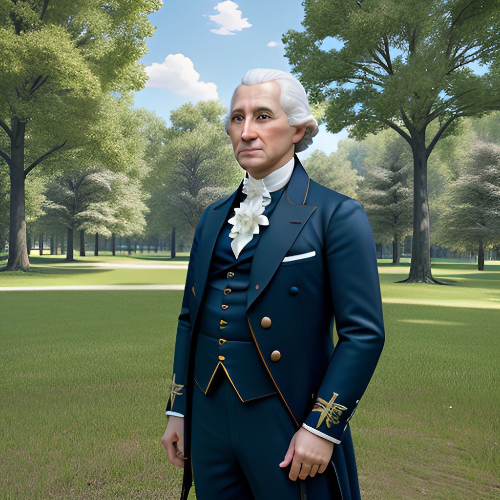 Man in colonial-era navy blue suit with gold buttons standing in a lush green park.