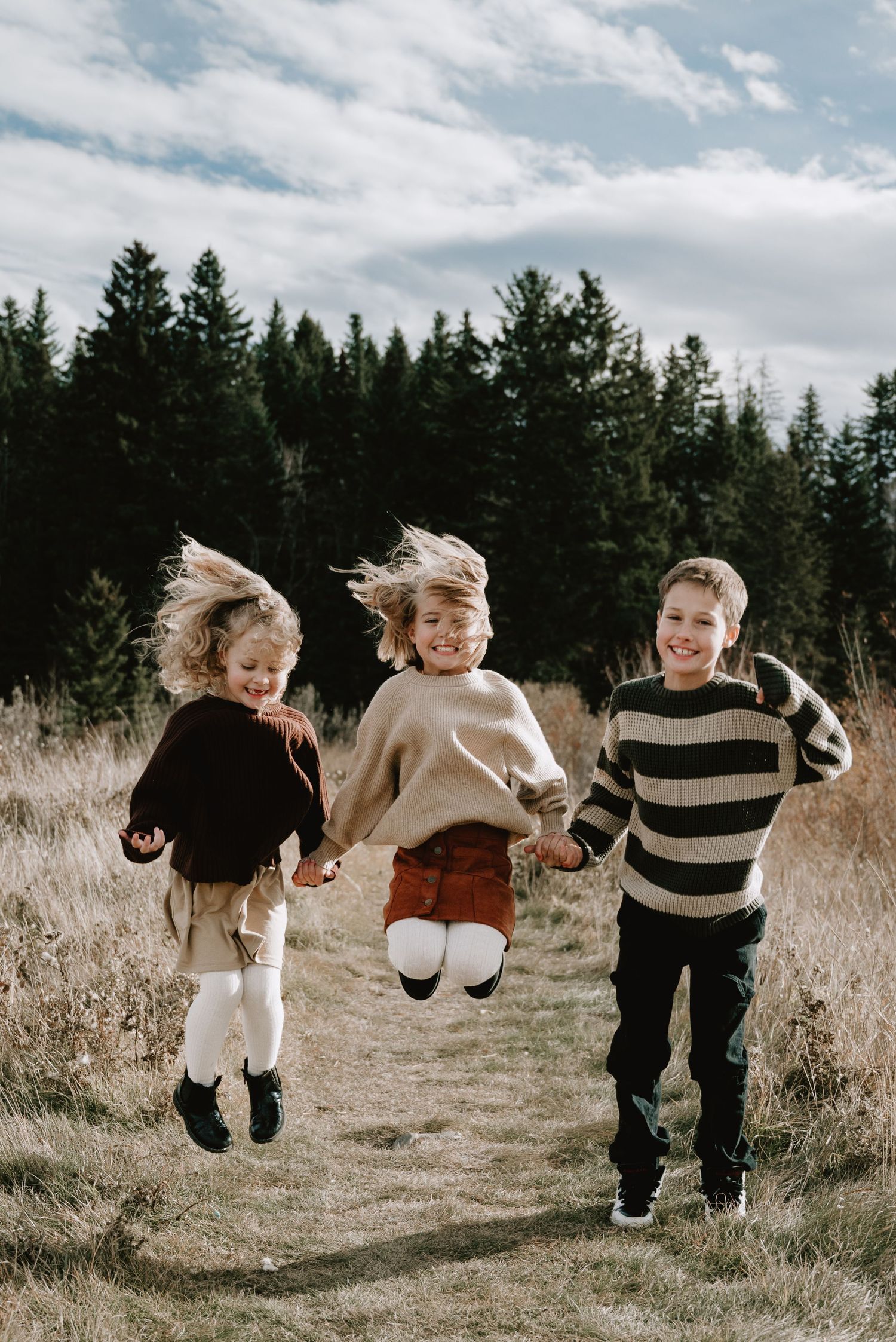 Three happy children jumping and holding hands in a meadow with evergreen trees in the background.