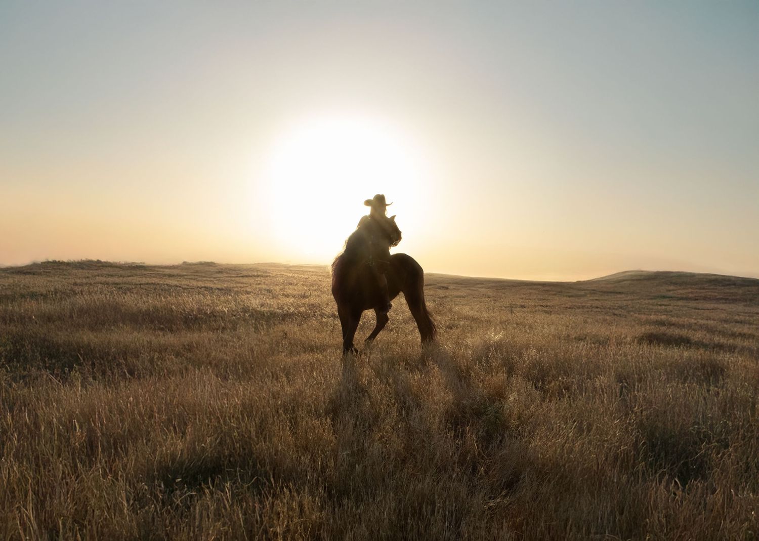 Cinematic western silhouette style portrait with dramatic outdoor lighting