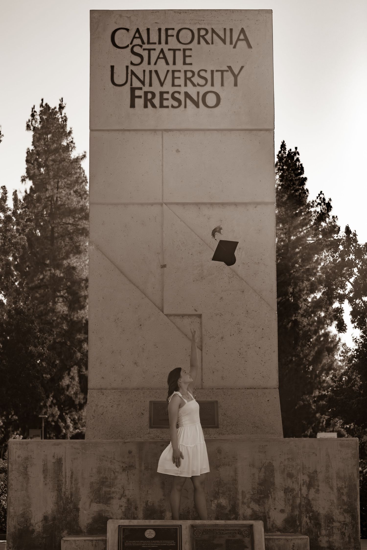 Black and white portrait celebrating Fresno State achievement