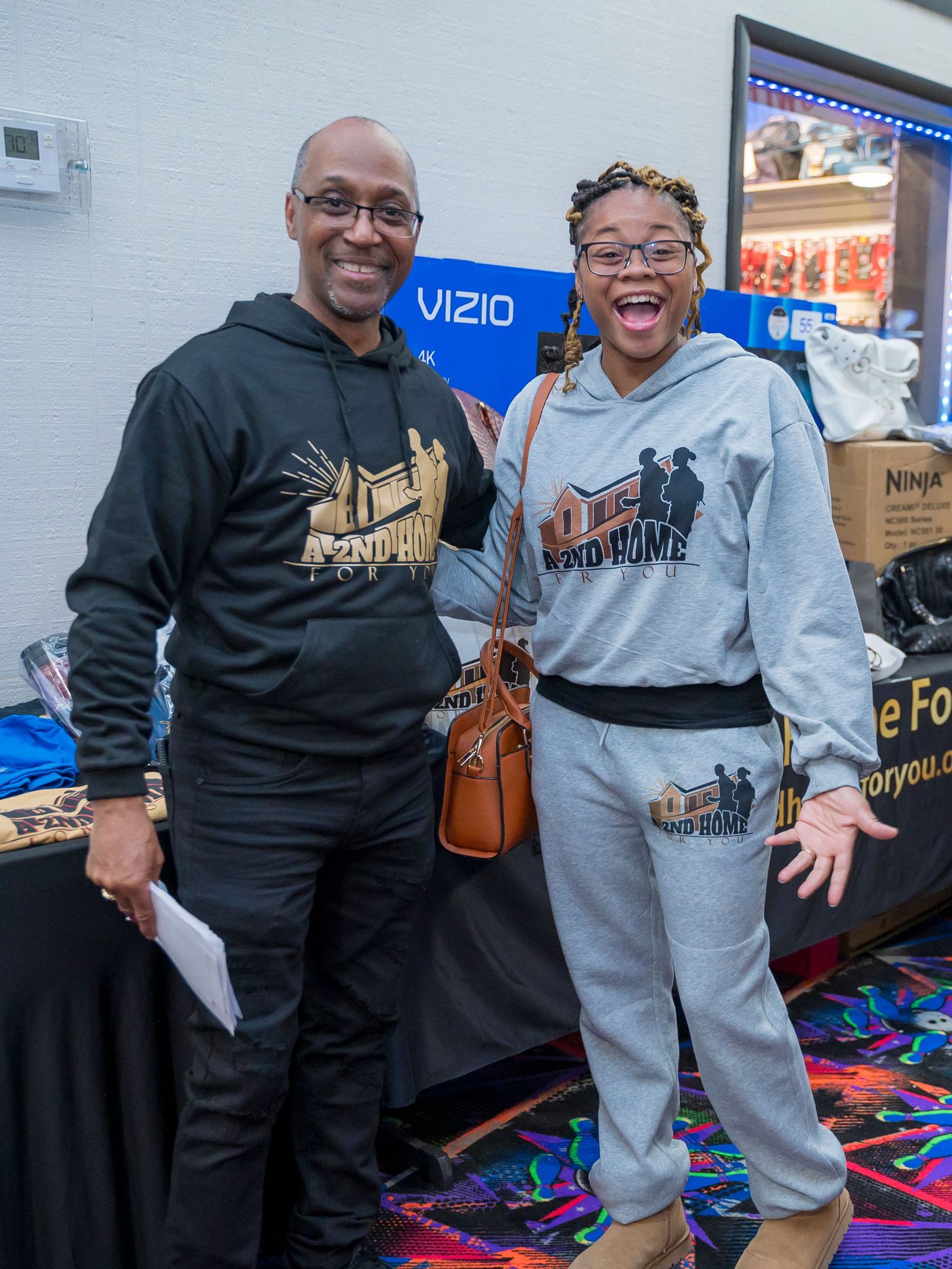 Two people wearing matching 