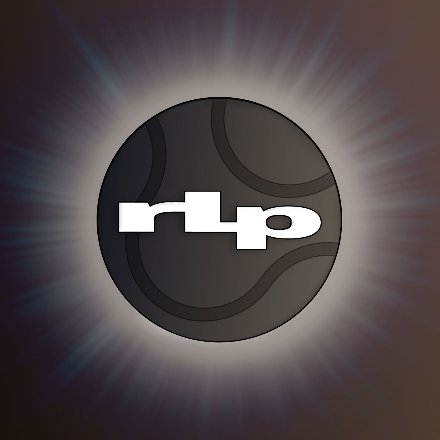 Circular dark logo with RLP text surrounded by glowing light rays on dark background.
