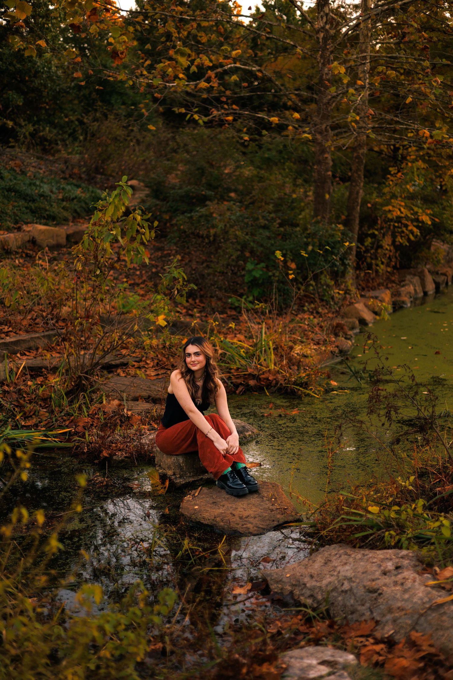 Natural outdoor setting with fallen log and pond surrounded by autumn foliage.