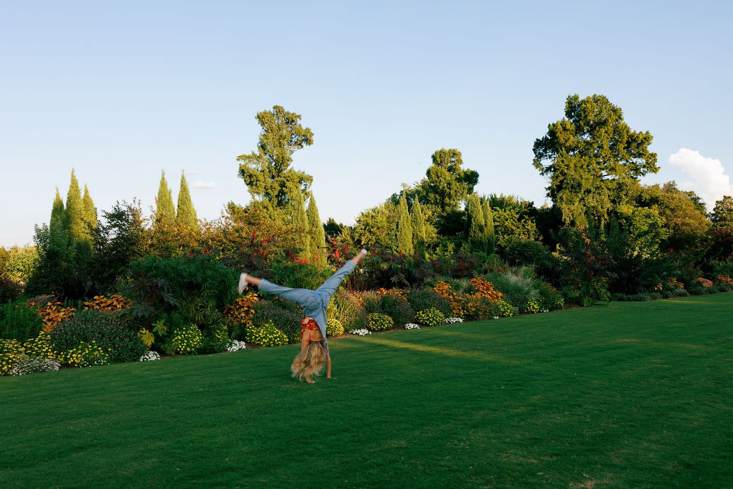 Person doing a cartwheel on a grassy lawn with trees in the background during golden hour.