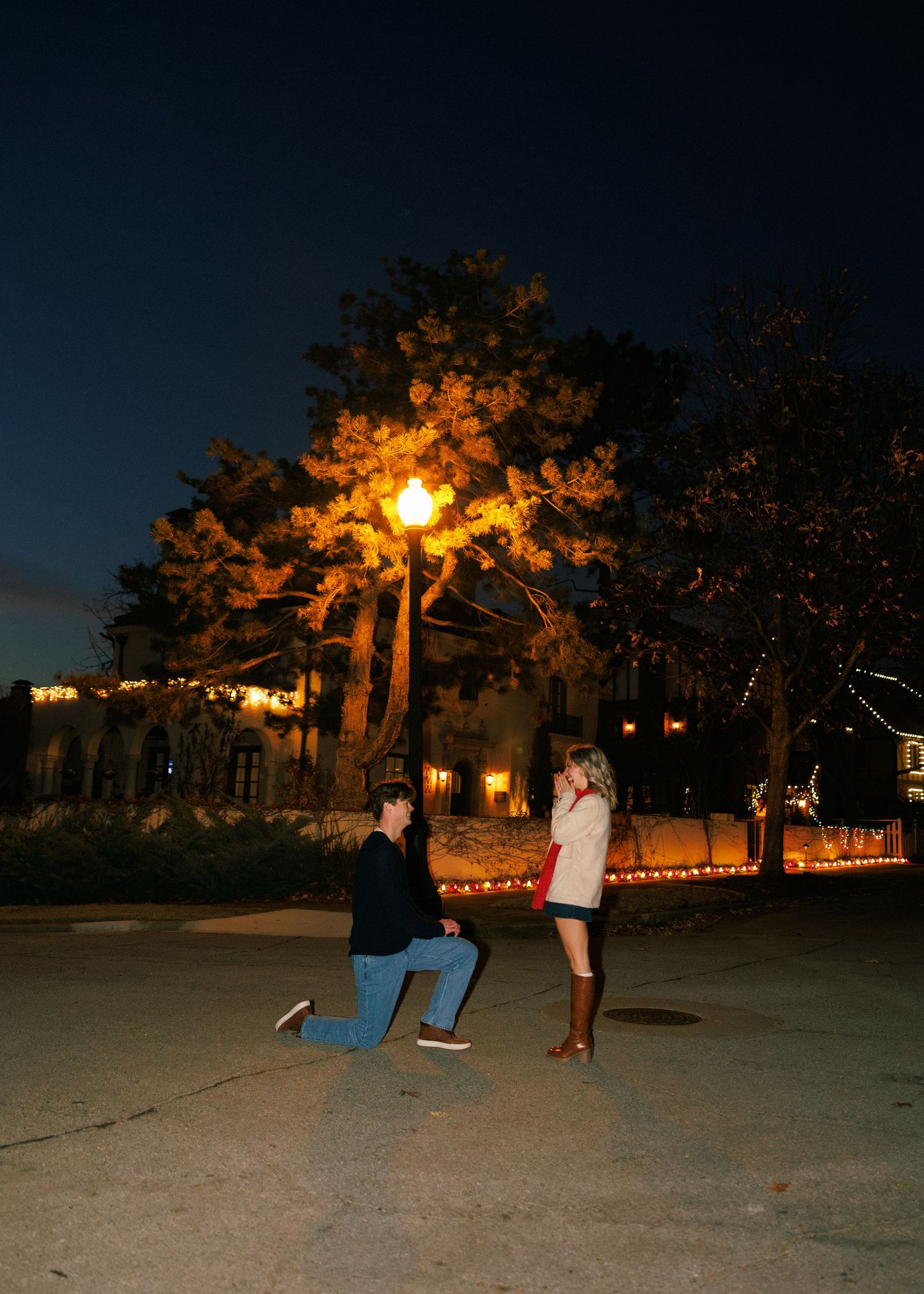 A romantic proposal scene at night with decorative lights in the trees.
