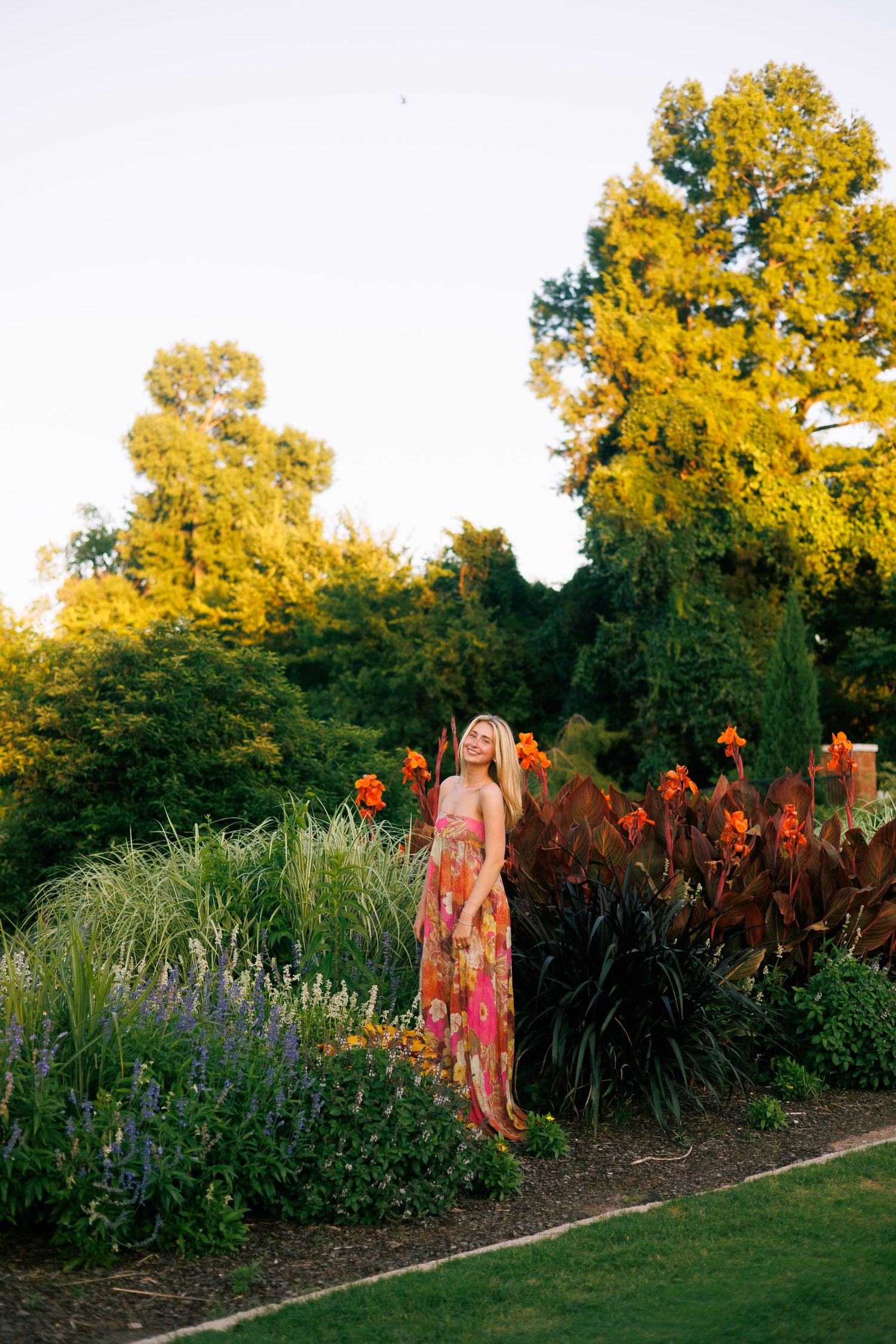 Garden path bordered by tall orange canna lilies and ornamental grasses at sunset.