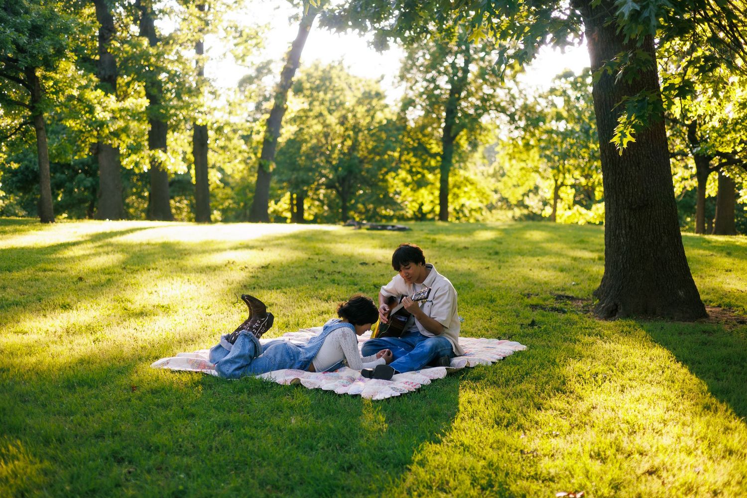 A picnic blanket scene in a park with dappled sunlight filtering through trees.