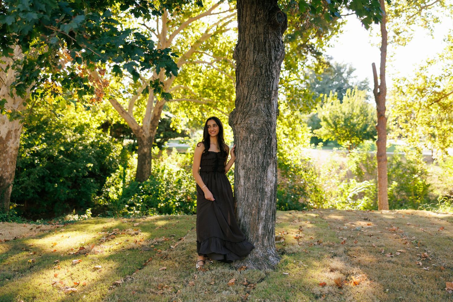 A flowing black maxi dress stands elegantly against a tree trunk in dappled sunlight.