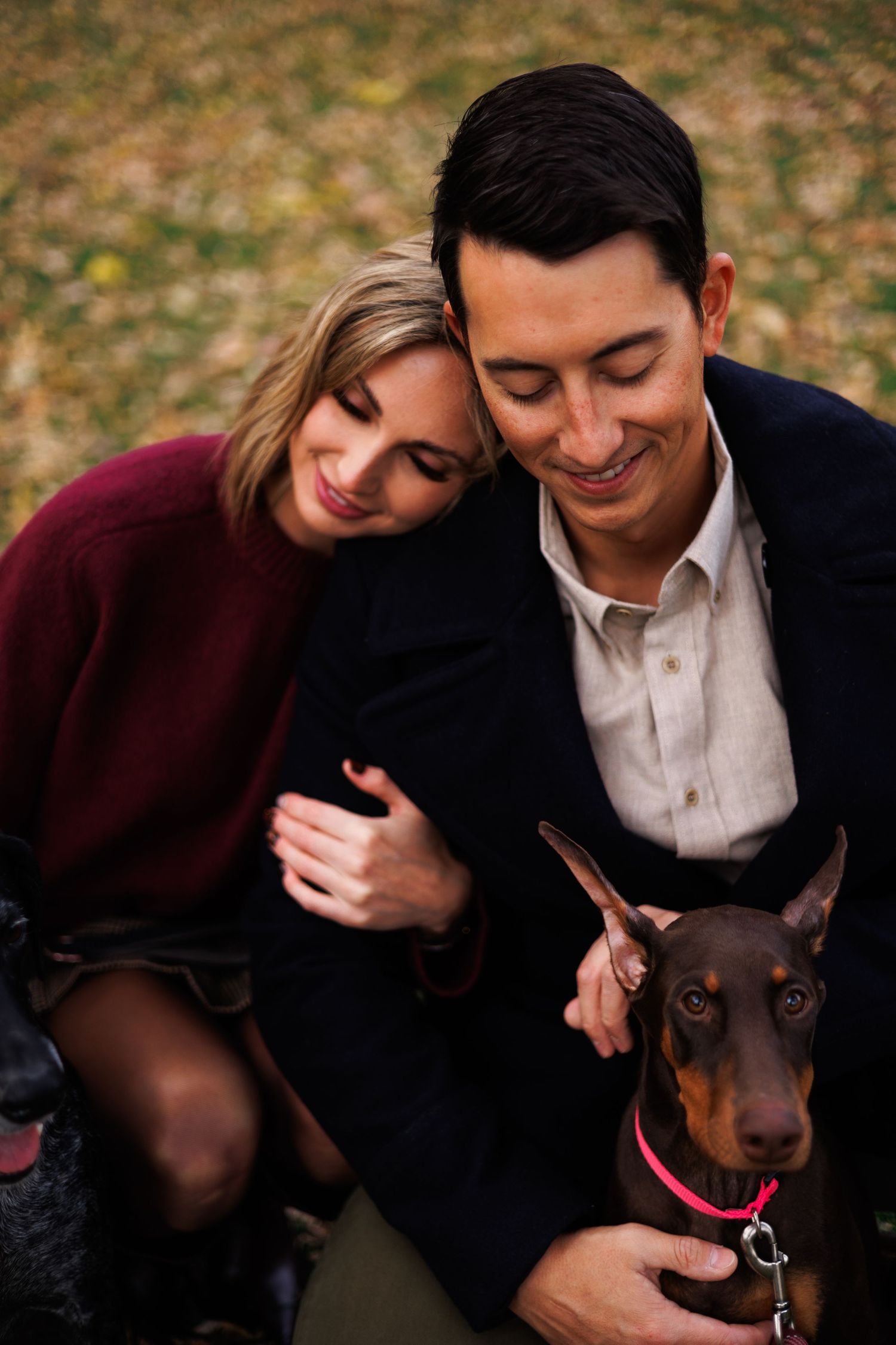 Couple sharing tender moments with their Doberman dog against a backdrop of fall foliage.