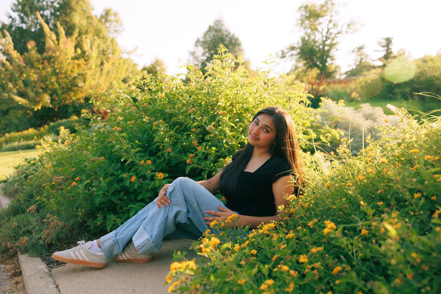 Young woman in black top and jeans relaxing among vibrant yellow wildflowers in a sunlit garden path.