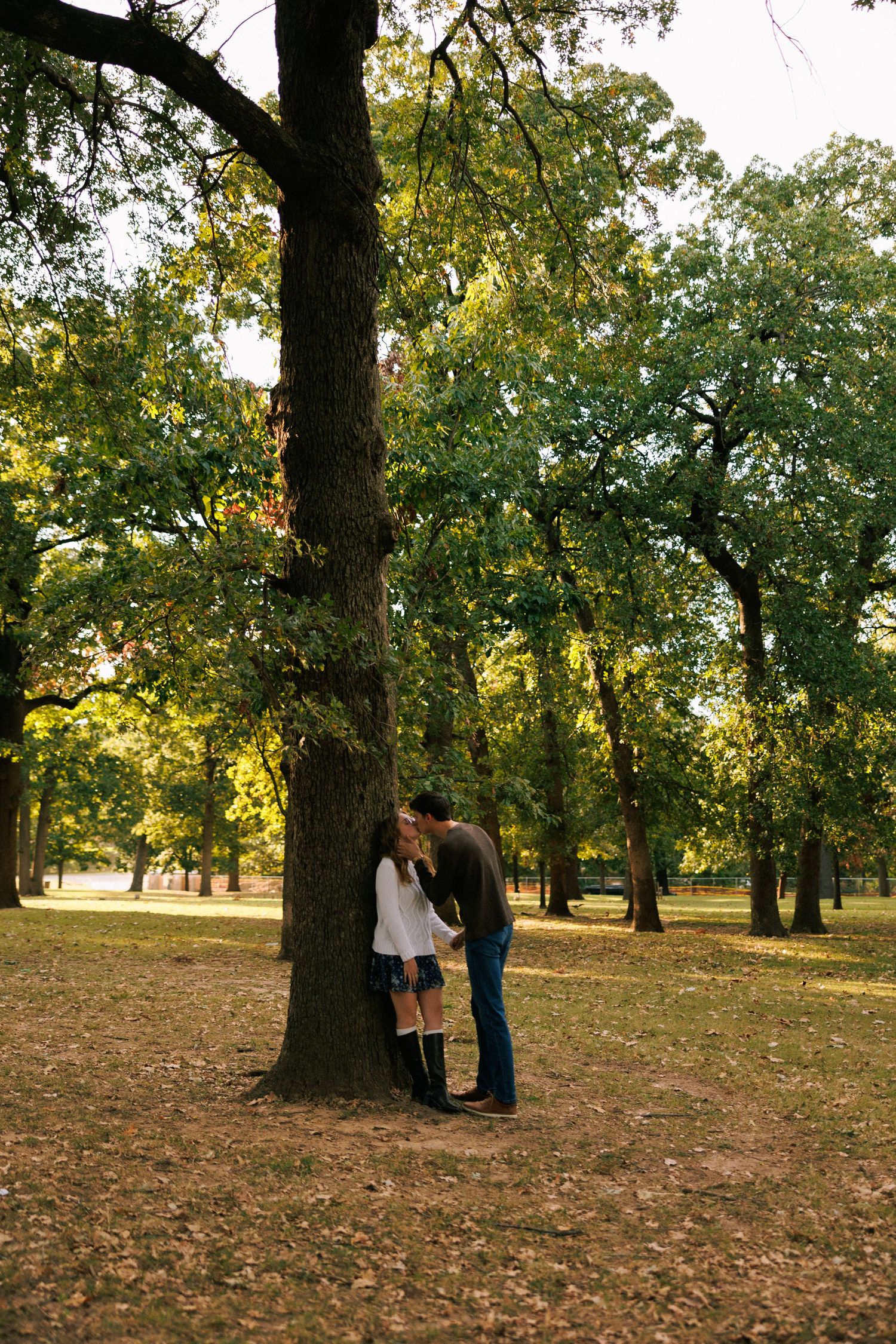A romantic moment under large trees in a park during autumn.