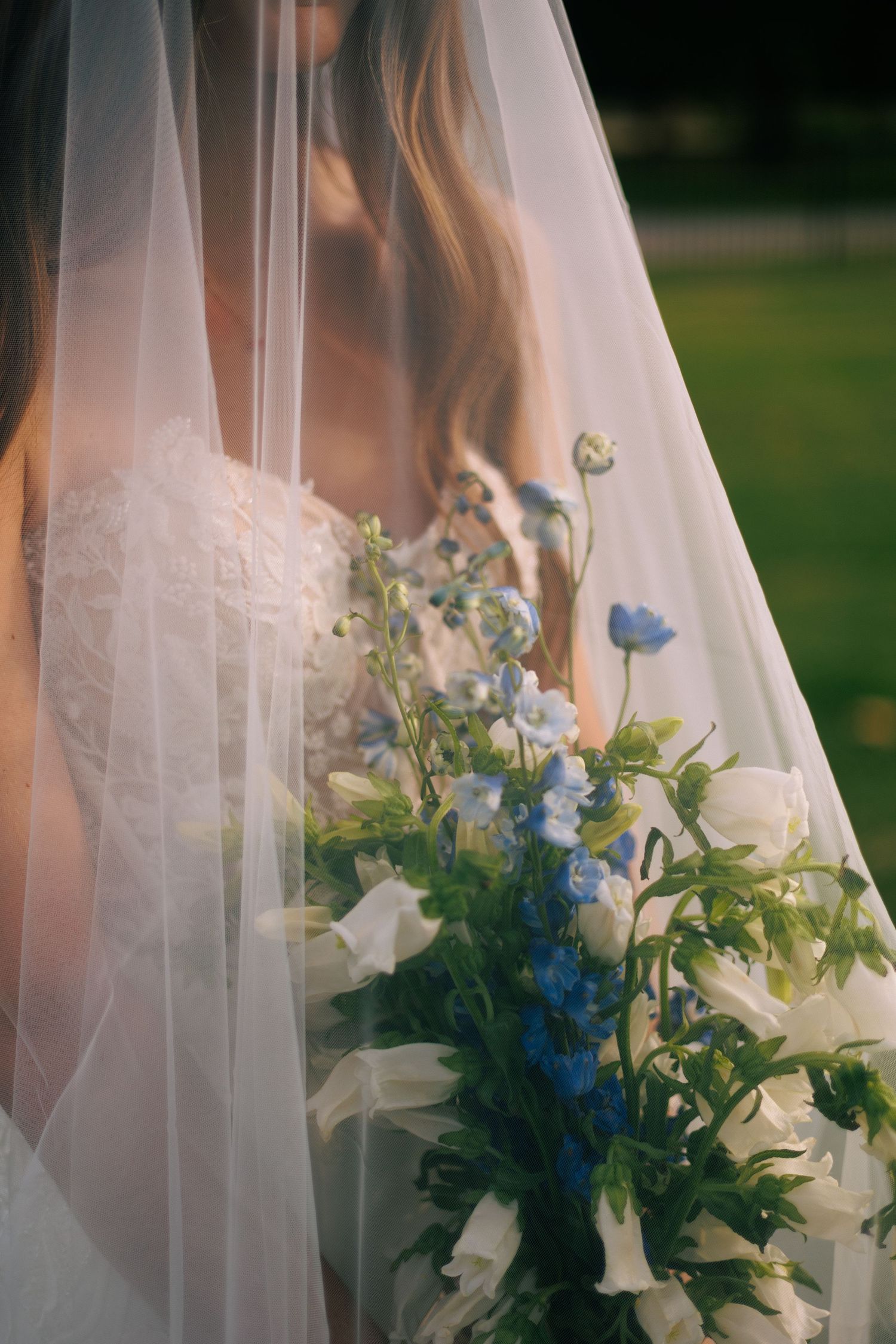 A delicate bridal bouquet features blue and white flowers with cascading greenery.