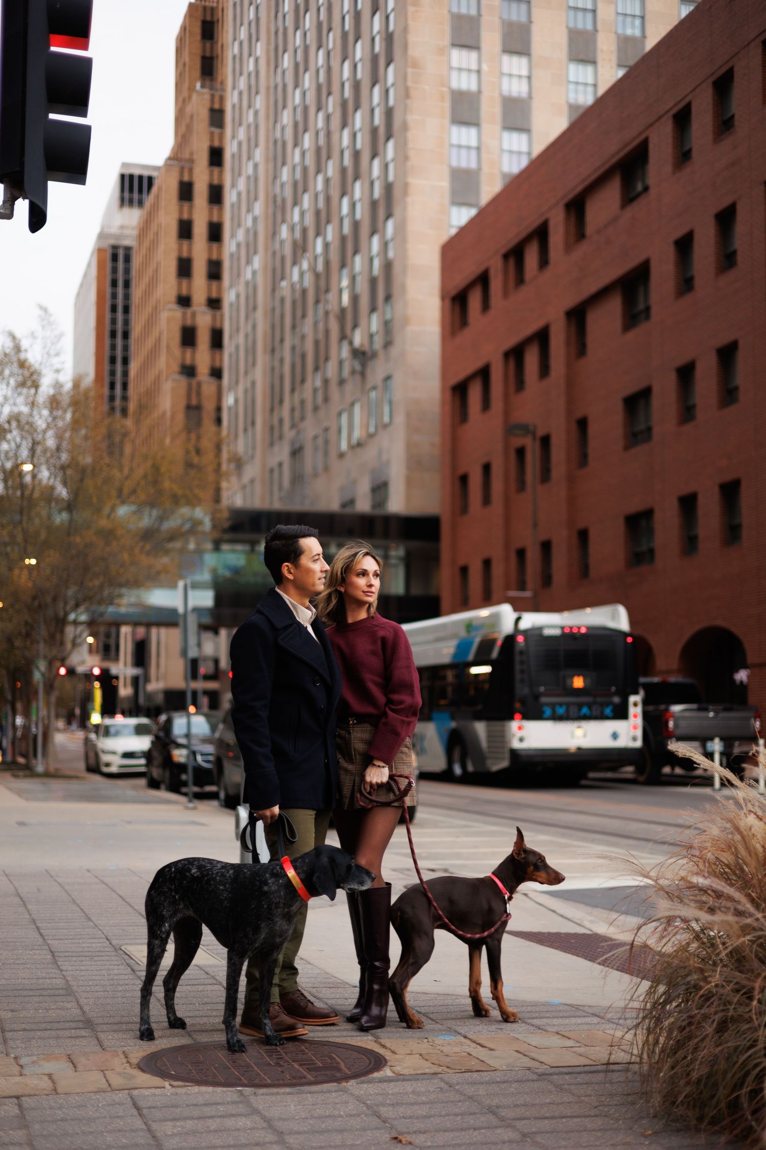 Two people walking dogs on leashes along a city sidewalk with tall brick buildings in the background.