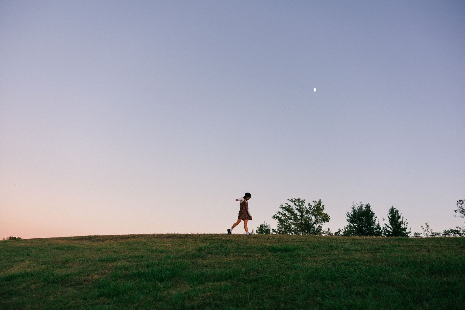 Silhouettes against a dusky sky create a minimalist landscape scene at sunset.
