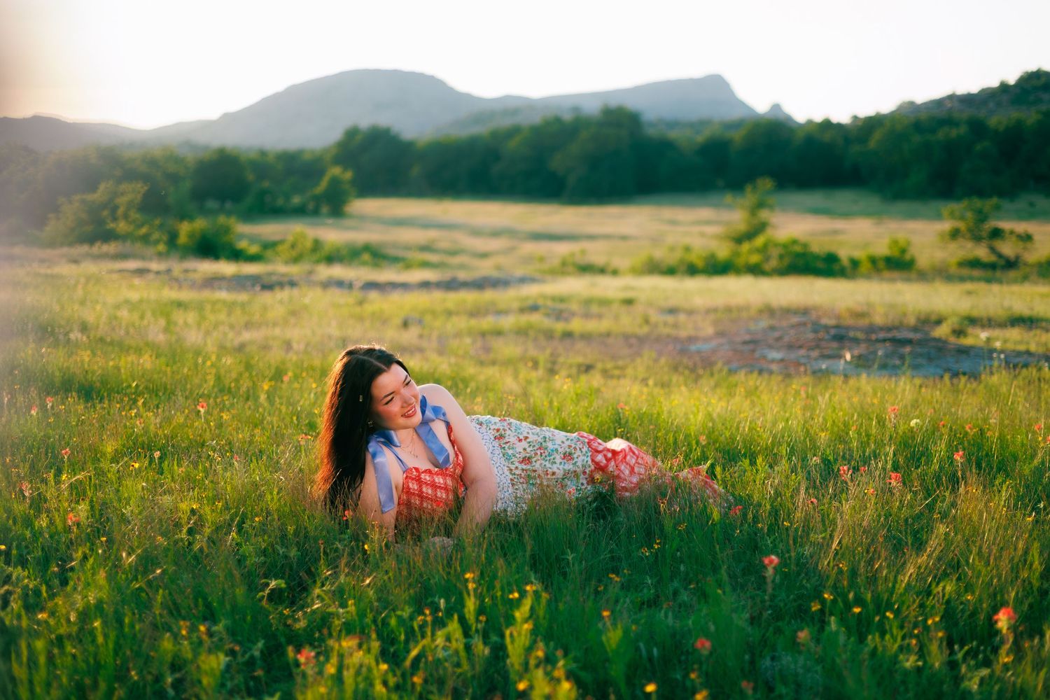 Rolling meadow landscape with wildflowers and mountains in the background at golden hour.