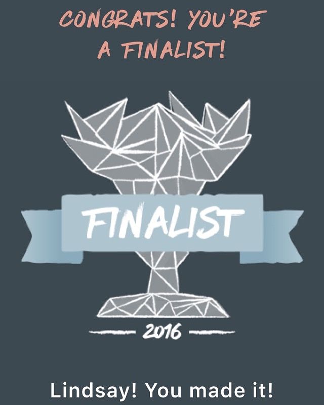Trophy-shaped geometric design with 'FINALIST' banner and congratulatory text on dark background.