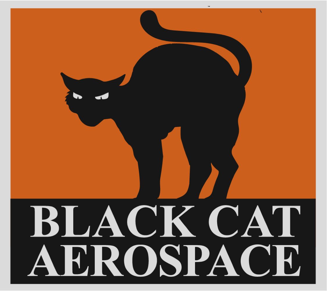 Black cat silhouettes on orange background forming aerospace company branding design.