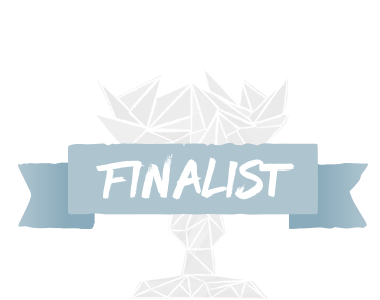 Light blue ribbon banner with 'FINALIST' text over geometric trophy design.