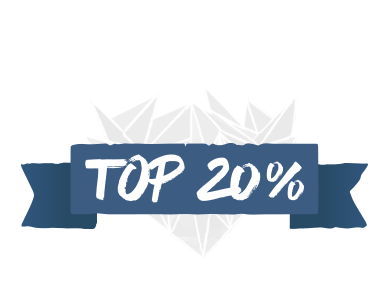 Navy ribbon banner showing 'TOP 20%' text over geometric crystal pattern.