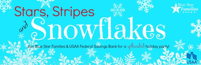 Winter-themed banner with snowflakes and text 'Stars, Stripes & Snowflakes' on blue background.