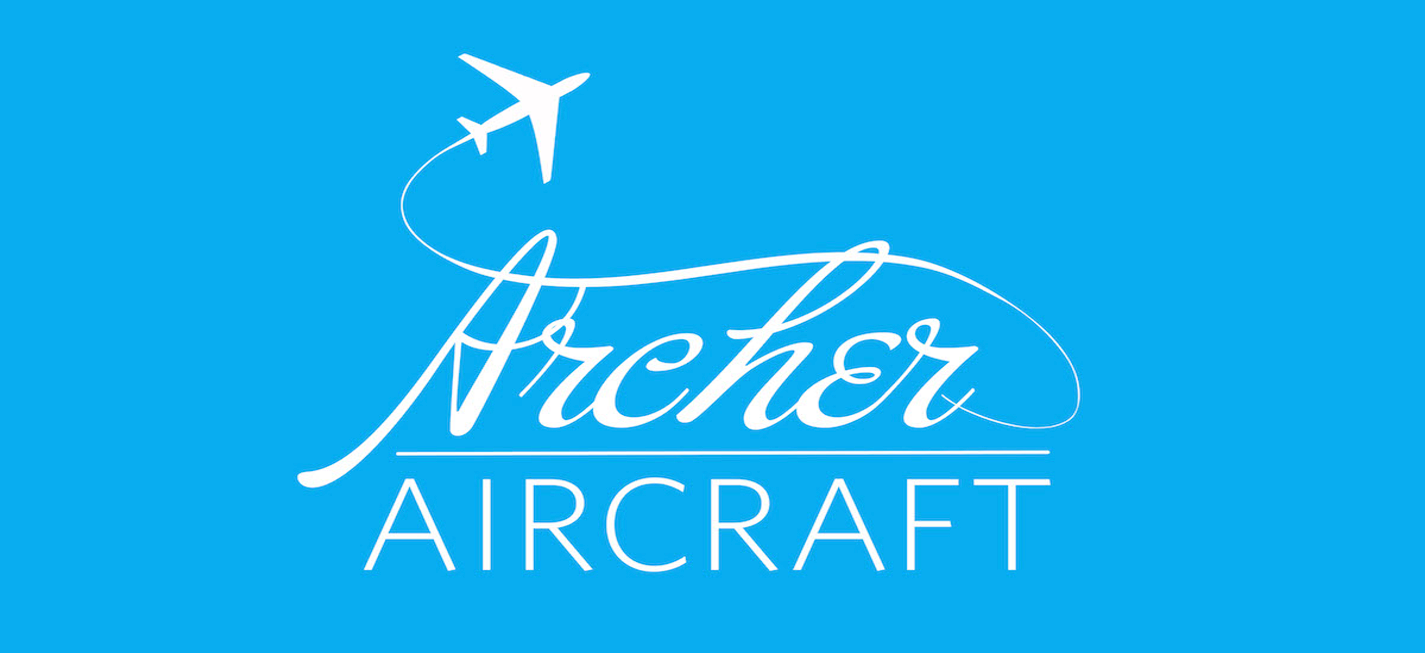 White airplane silhouette logo on vibrant blue background with minimalist design.