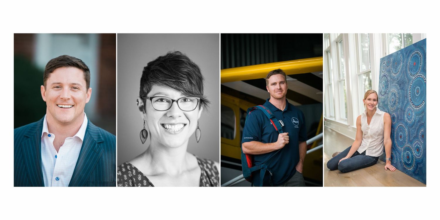A collage of four professional headshots featuring two men and two women in business and casual attire.