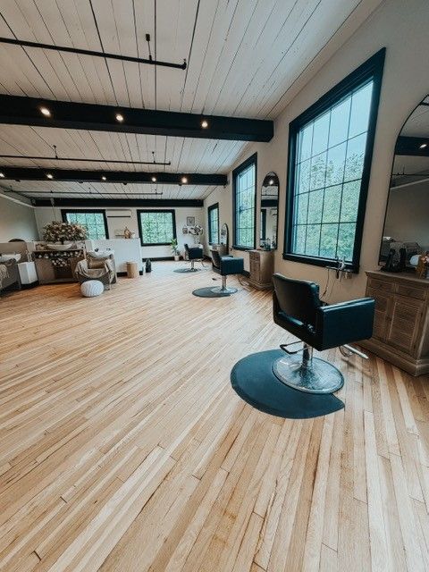 Modern hair salon stations at Wild In Bloom Beauty Co, a luxury hair salon in Assonet MA.