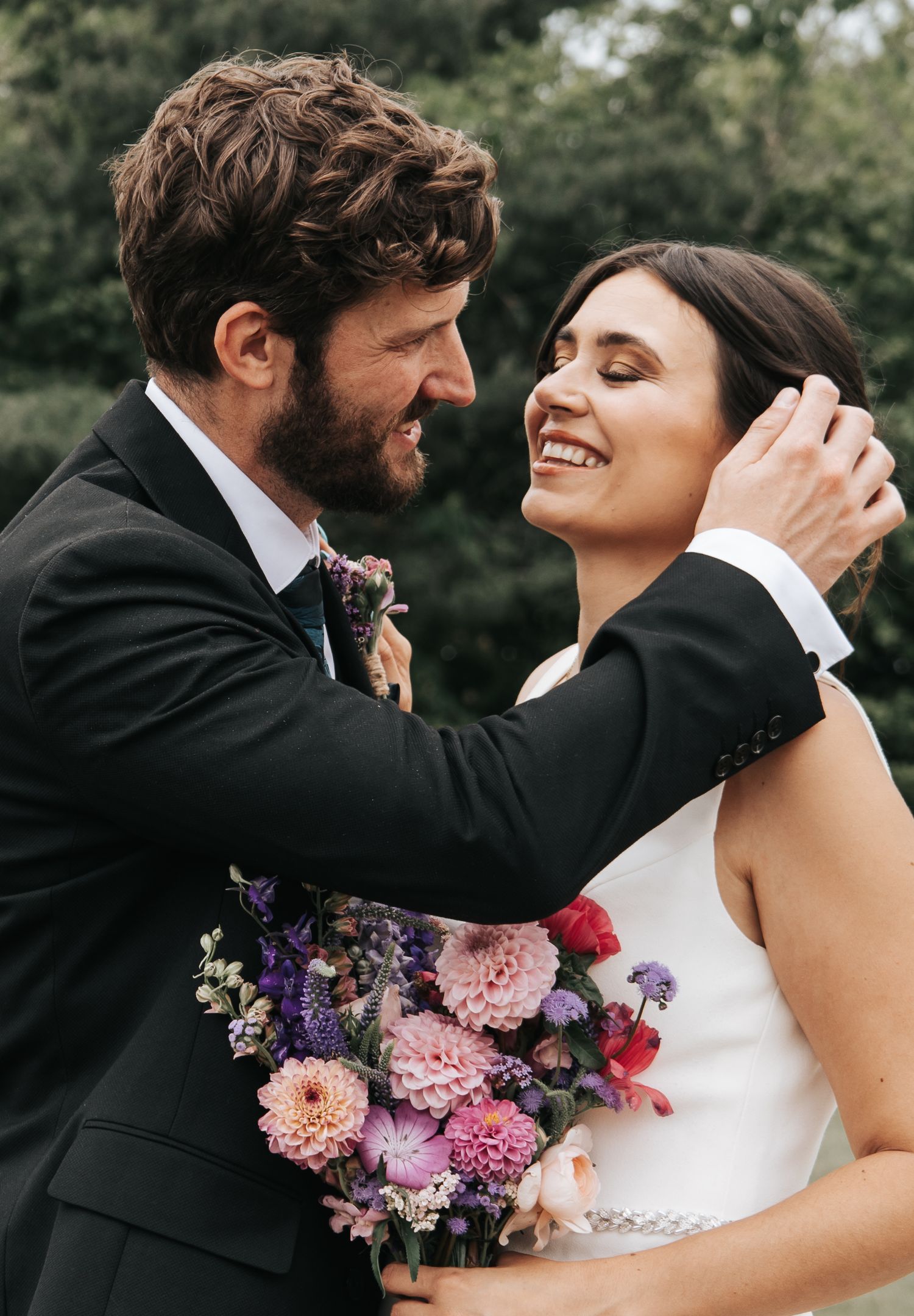 A romantic wedding moment captured in a series of candid shots showing affection and joy.