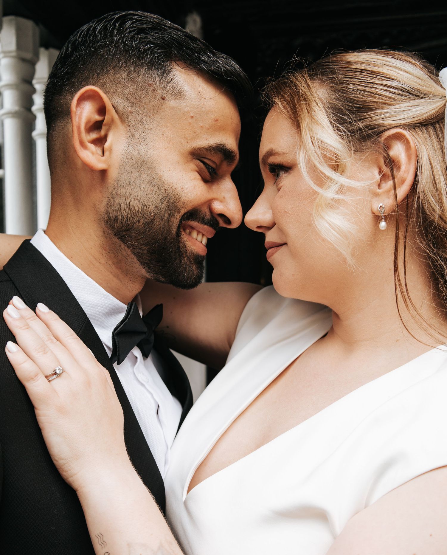 An intimate close-up of a wedding couple sharing a tender moment.